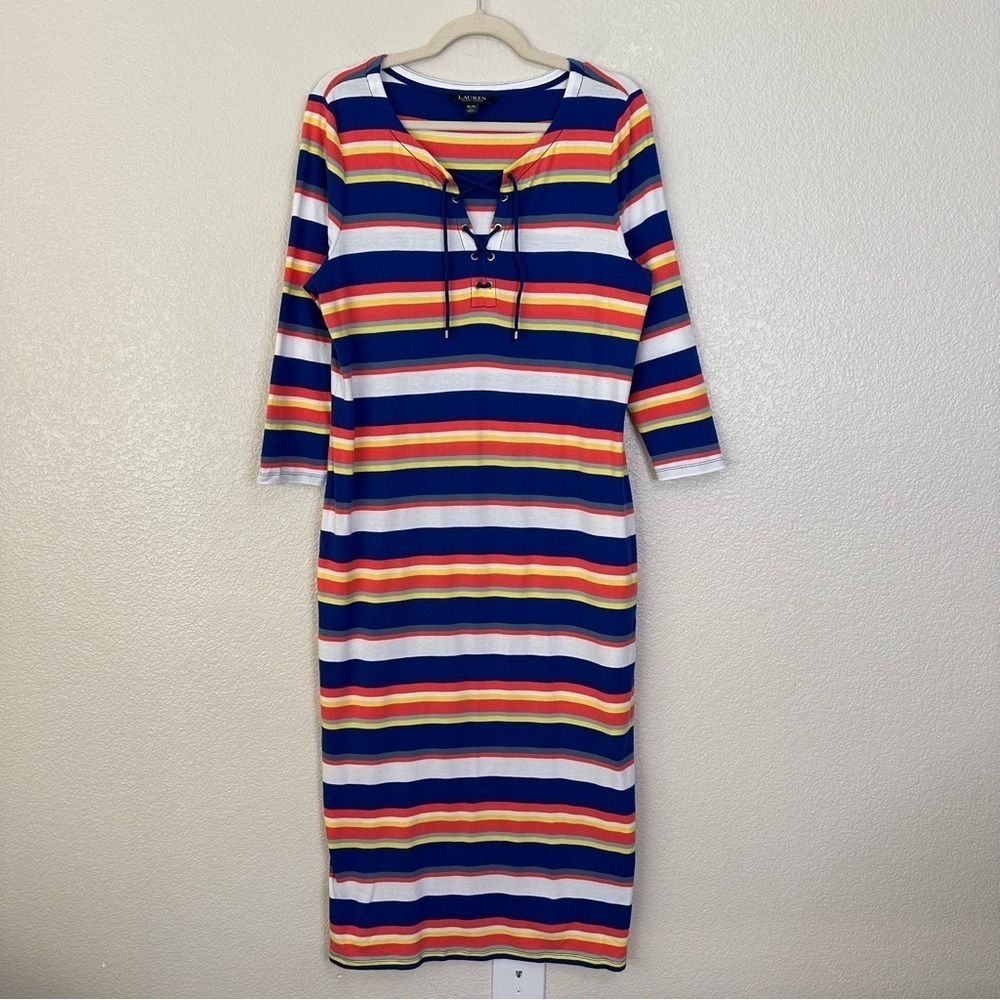 Lauren Ralph Lauren Multi Striped Lace Up 3/4 Sleeves Midi Dress, Size XL
